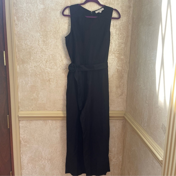 LOFT black linen jumpsuit romper wide leg pants belted Sz 6 - Picture 7 of 16